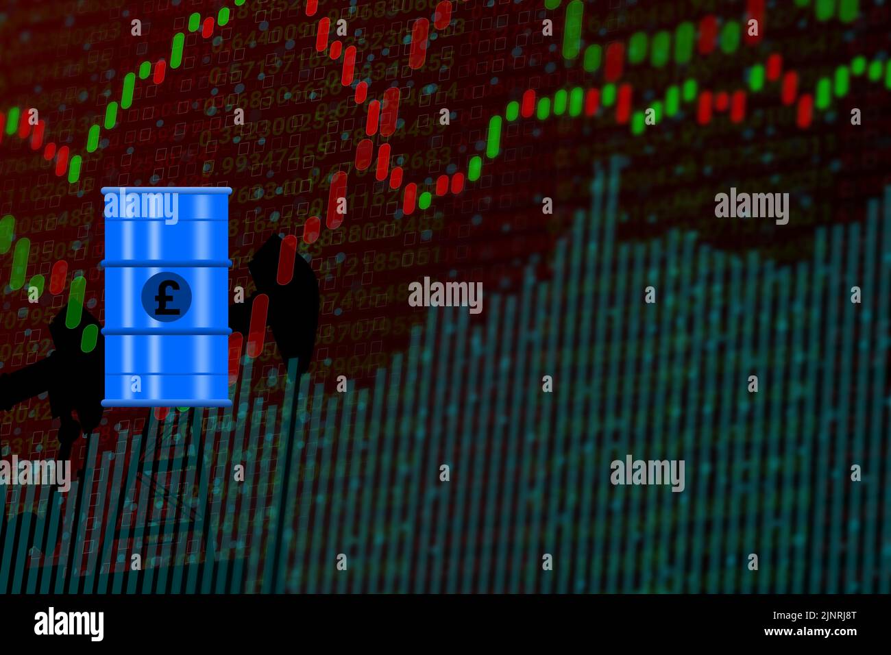 pound-currency-symbol-on-oil-container-isolated-digital-on-up-down-graphs-concept-for-fuel-rate