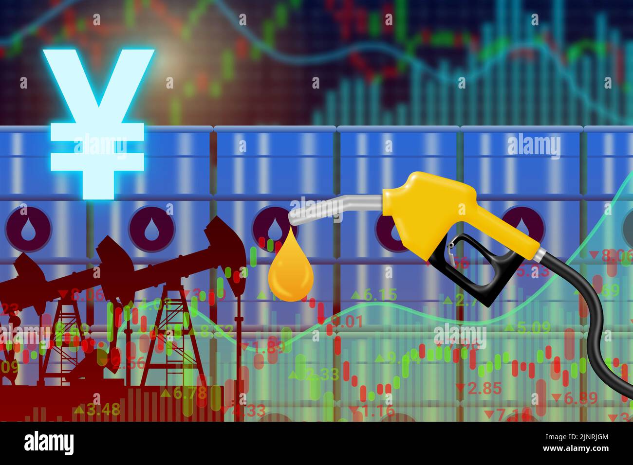 crued oil prices in yen background with up down graphs. concept for