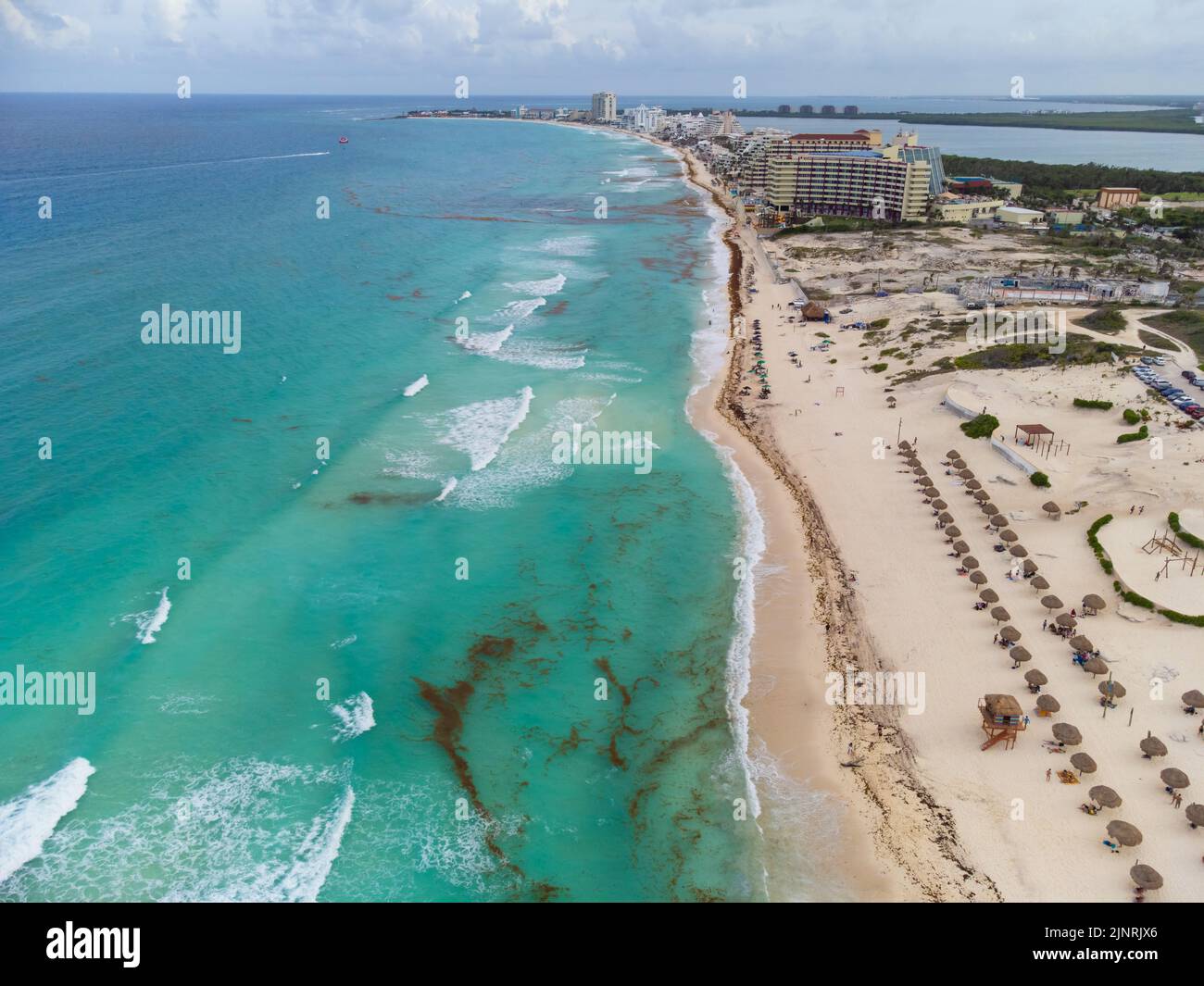 Top view of the resort town on the sandy beach. The sea near the shore is polluted with seaweed. Ecosystem threat, social and environmental issues, cl Stock Photo