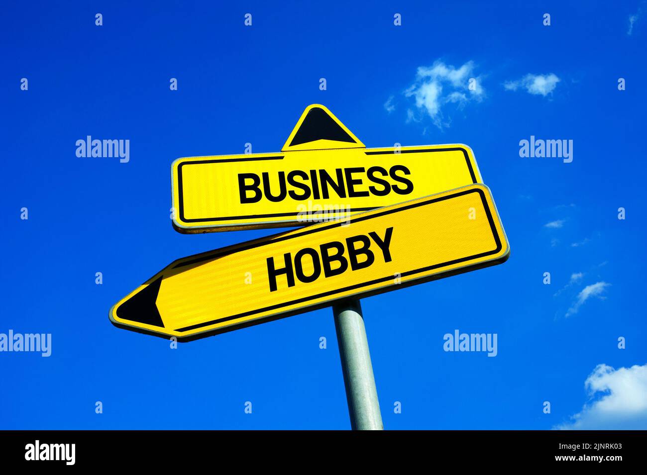 Business vs Hobby - Traffic sign with two options - entrepreneurship, job and work or activity for leisure time. Decision and choice. Stock Photo
