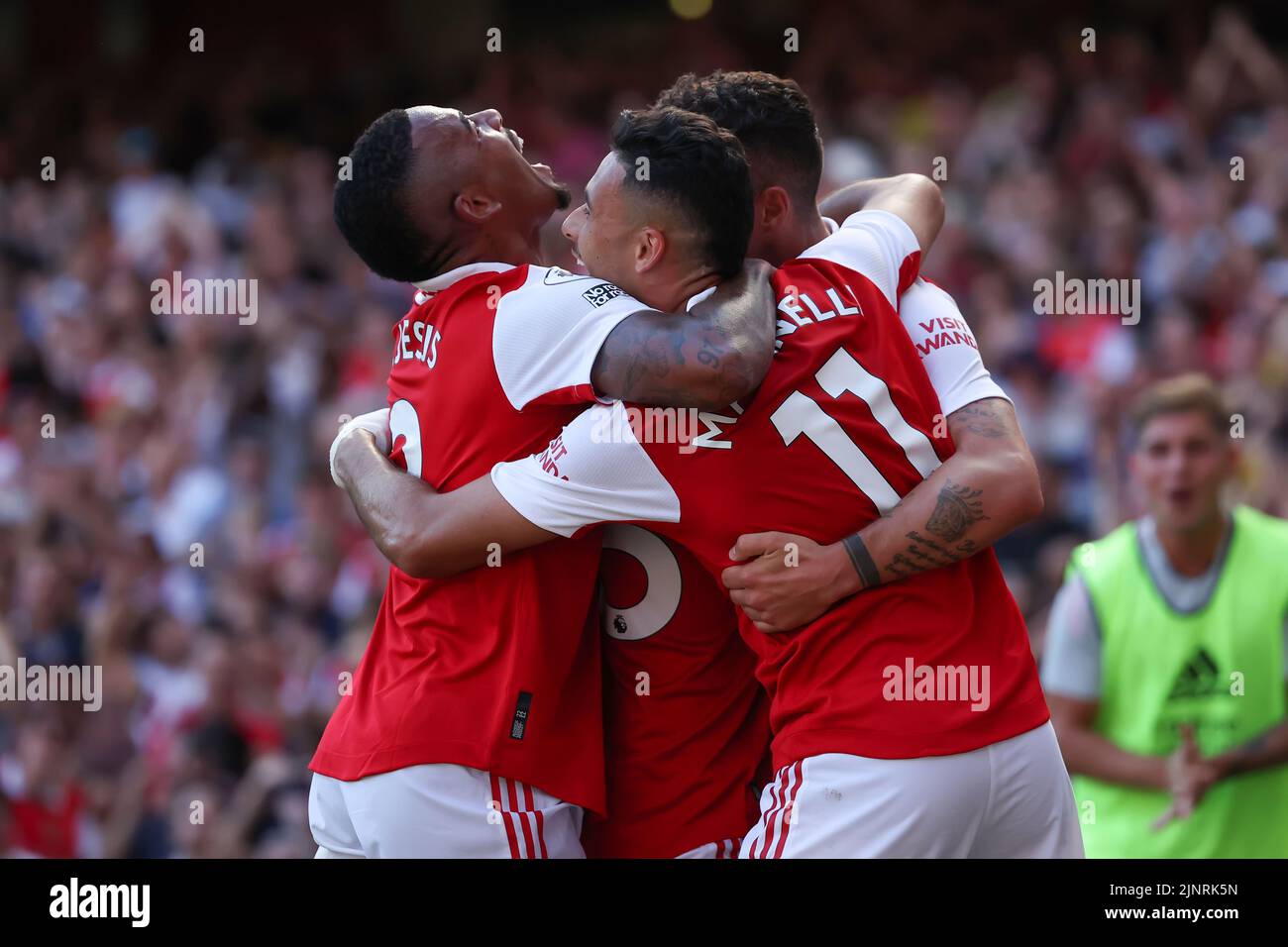 Emirates Stadium, London, UK. 13th Aug, 2022. Premier League Football league, Arsenal versus Leicester City ; Goal scorers Gabriel Jesus and Gabriel Martinelli celebrates the goal by Granit Xhaka of Arsenal for 3-1 Credit: Action Plus Sports/Alamy Live News Stock Photo