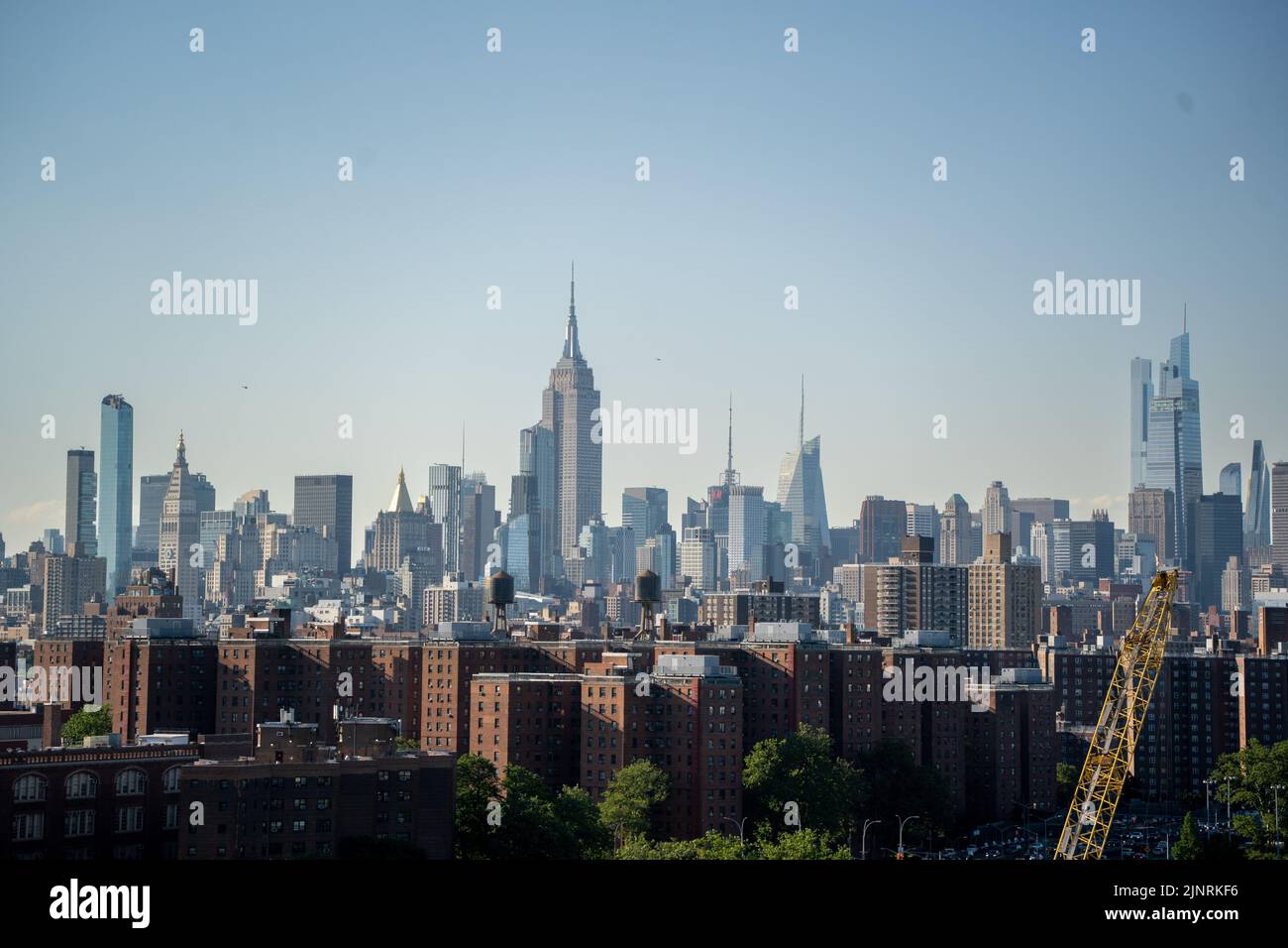 Aerial View of the Manhattan Skyscrappers from the Highway Drive Stock Photo