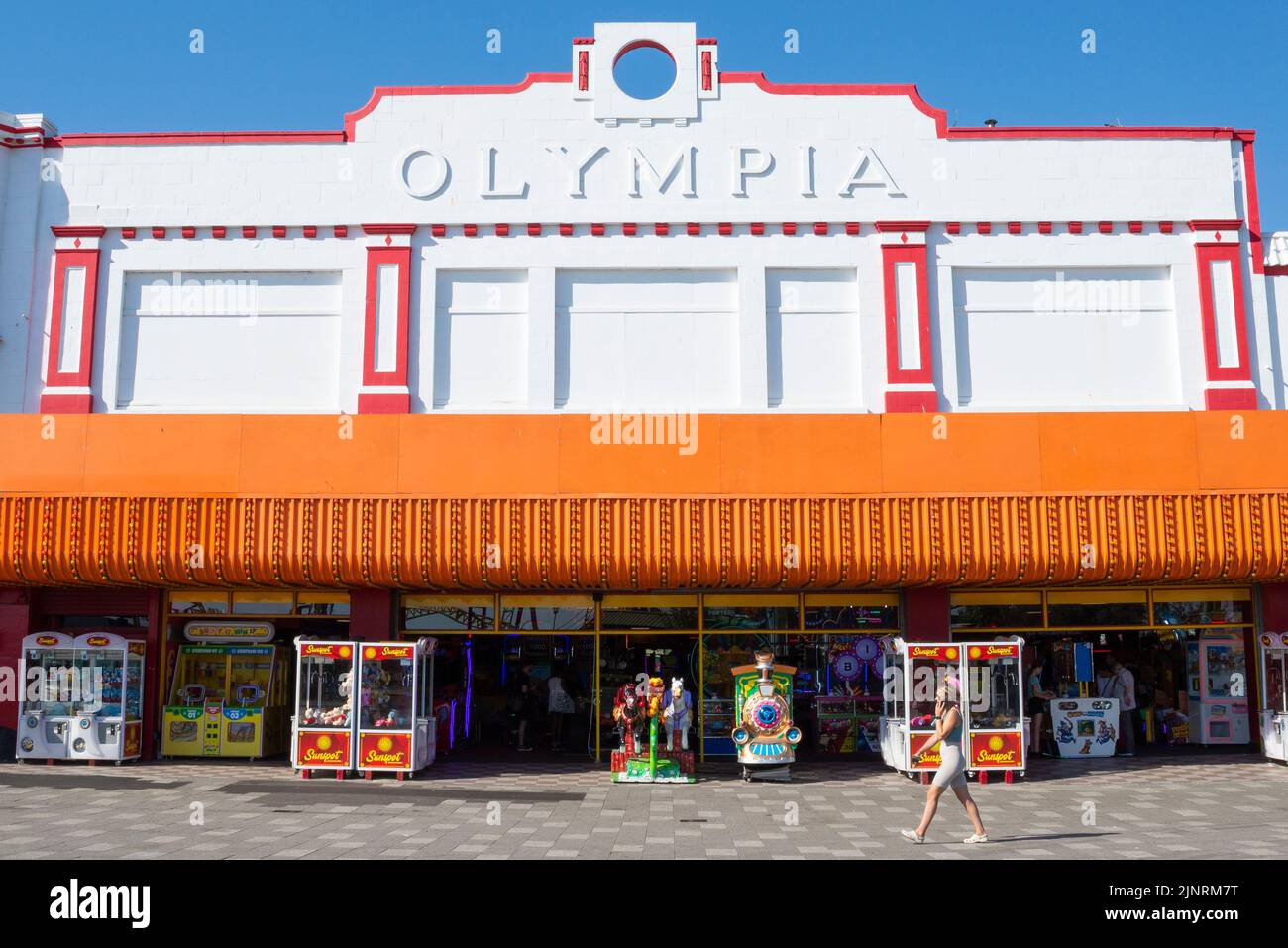 Amusement arcade with vintage art deco Olympia facade on Marine Parade, Southend on Sea, Essex, UK. Amusements business on bright, sunny day Stock Photo