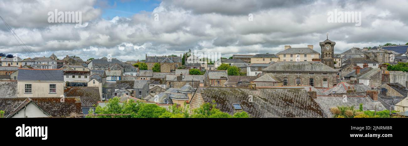 Very wide panoramic of Liskeard Town centre in south east Cornwall. A rooftop view showing off the many architectural styles from years of development Stock Photo