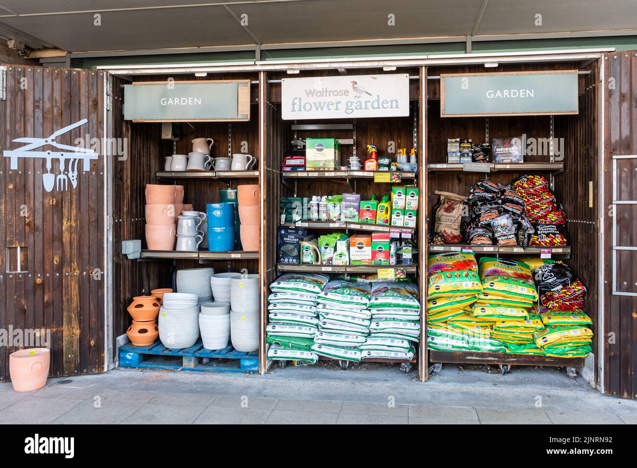 Waitrose flower garden, display of gardening products outside the supermarket business, England, UK Stock Photo