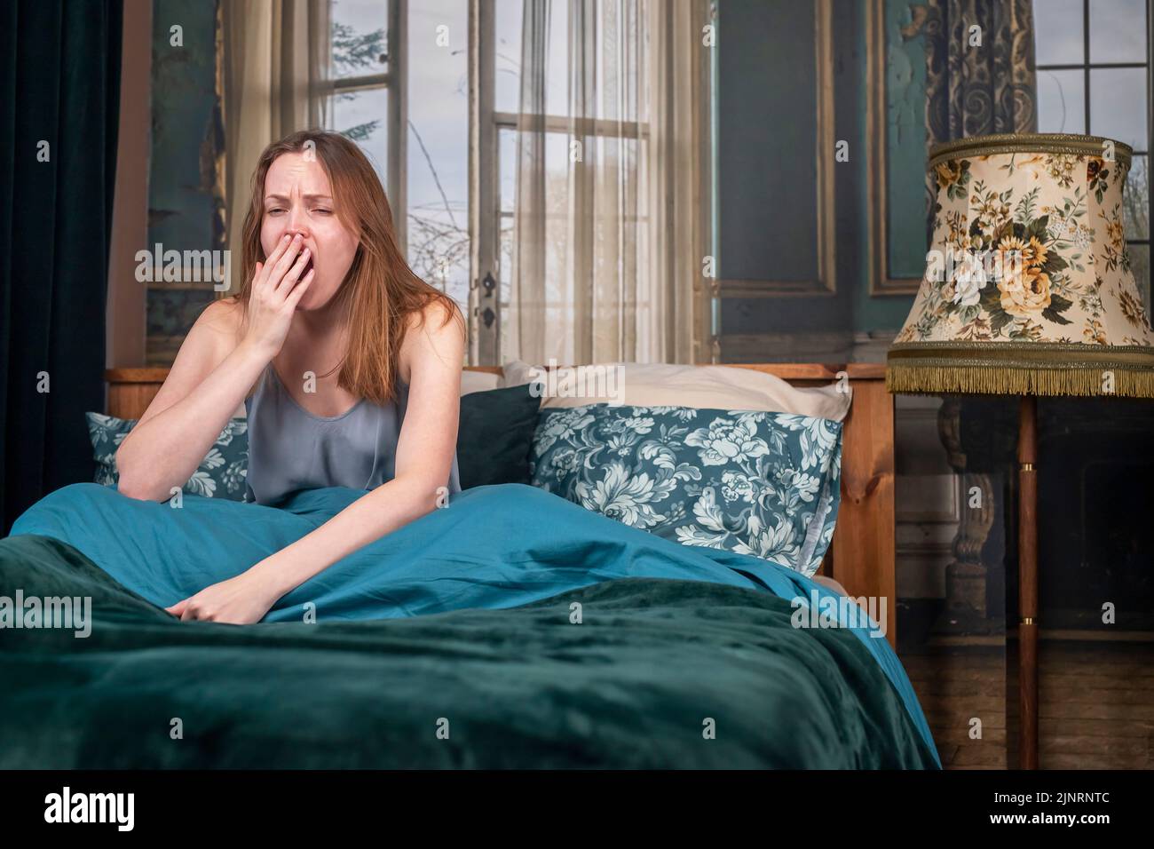 Sleepy woman in bad yawning. Tired person during hard wake up on Monday