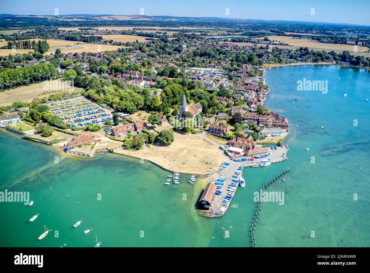 Aerial view towards the Jetty of the beautiful village of Bosham, a