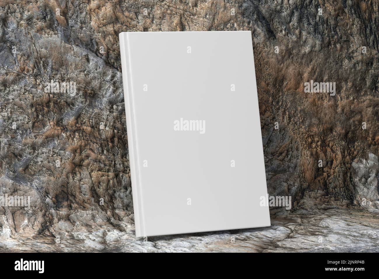 Blank vertical hardcover book cover mockup standing on stone background. 3d render Stock Photo