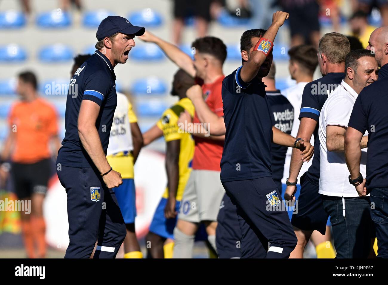 Westerlo's head coach Jonas De Roeck celebrates after scoring during a soccer match between KVC