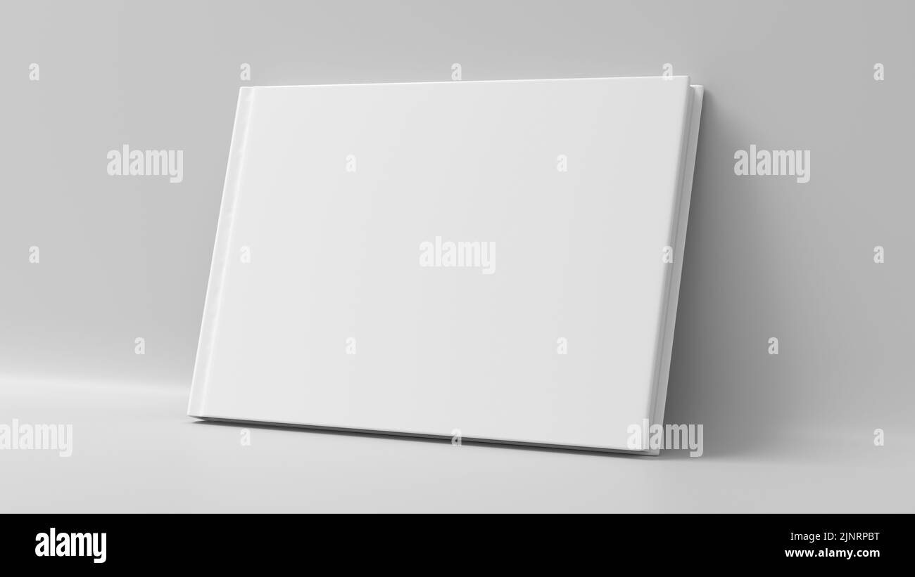 Blank horizontal hardcover book cover mockup standing on white background. 3d render Stock Photo