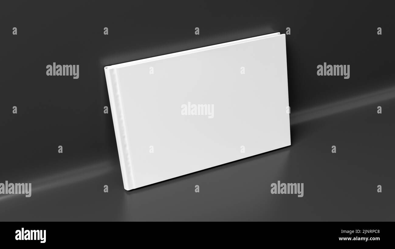 Blank horizontal hardcover book cover mockup standing on black background. 3d render Stock Photo