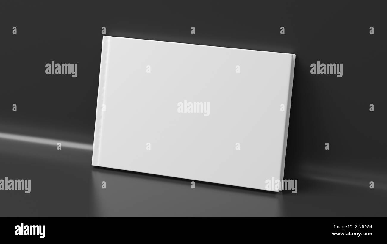 Blank horizontal hardcover book cover mockup standing on black background. 3d render Stock Photo