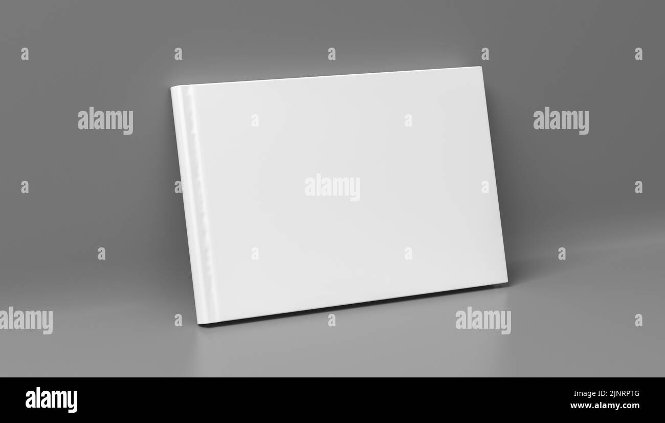 Blank horizontal hardcover book cover mockup standing on gray background. 3d render Stock Photo