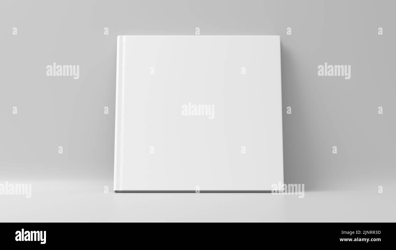 Blank square hardcover book cover mockup standing on white background. 3d render Stock Photo