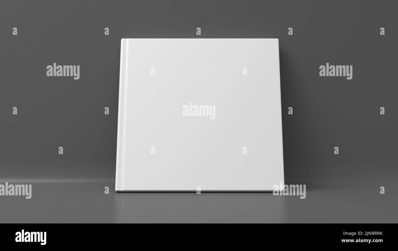Blank square hardcover book cover mockup standing on gray background. 3d render Stock Photo