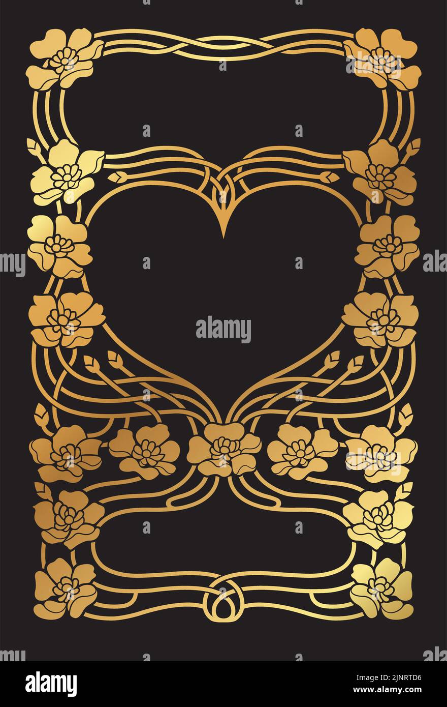 A vintage vector gold Art Nouveau style decorative border and frame with heart shapes and flowers. Stock Vector