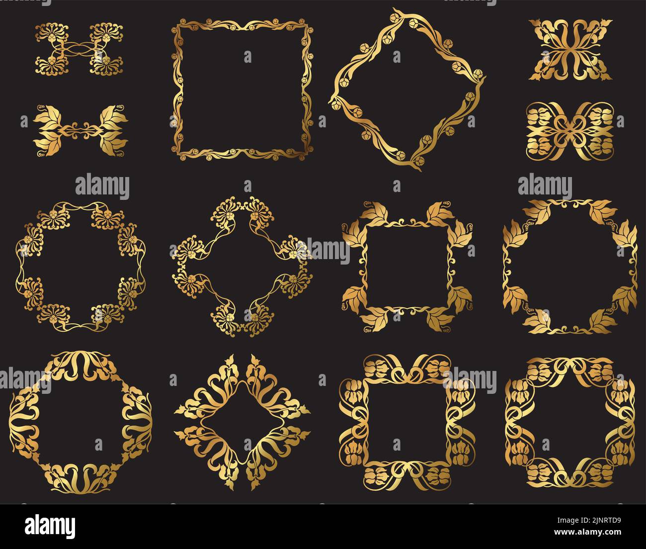 A set of vintage vector gold floral decorative borders and frames. Stock Vector