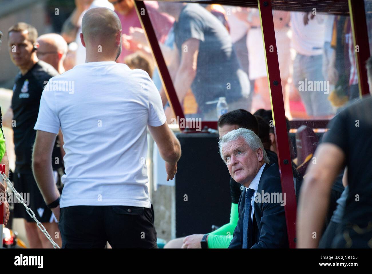 Bradford, UK. 13th Aug, 2022. Mark Hughes, the manager of Bradford City (r) and. James Rowberry, the manager of Newport County (l) look on. EFL Skybet Football league two match, Bradford City v Newport County at The University of Bradford Stadium in Bradford, Yorkshire on Saturday 13th August 2022. this image may only be used for Editorial purposes. Editorial use only, license required for commercial use. No use in betting, games or a single club/league/player publications.pic by Credit: Andrew Orchard sports photography/Alamy Live News Stock Photo