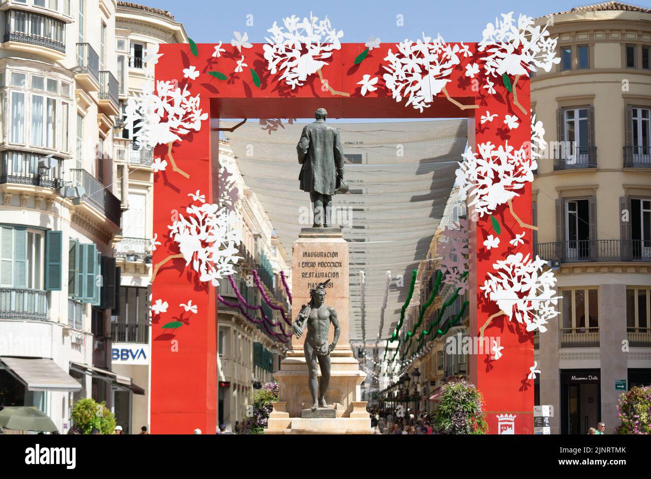 Panoramic view of the Malaga's Fair 2022 decoration installed at Marques de Larios Street in Malaga. The Fair is being held for the first time since 2019. The 2020 and 2021 editions were suspended due to Covid19 pandemic. Stock Photo