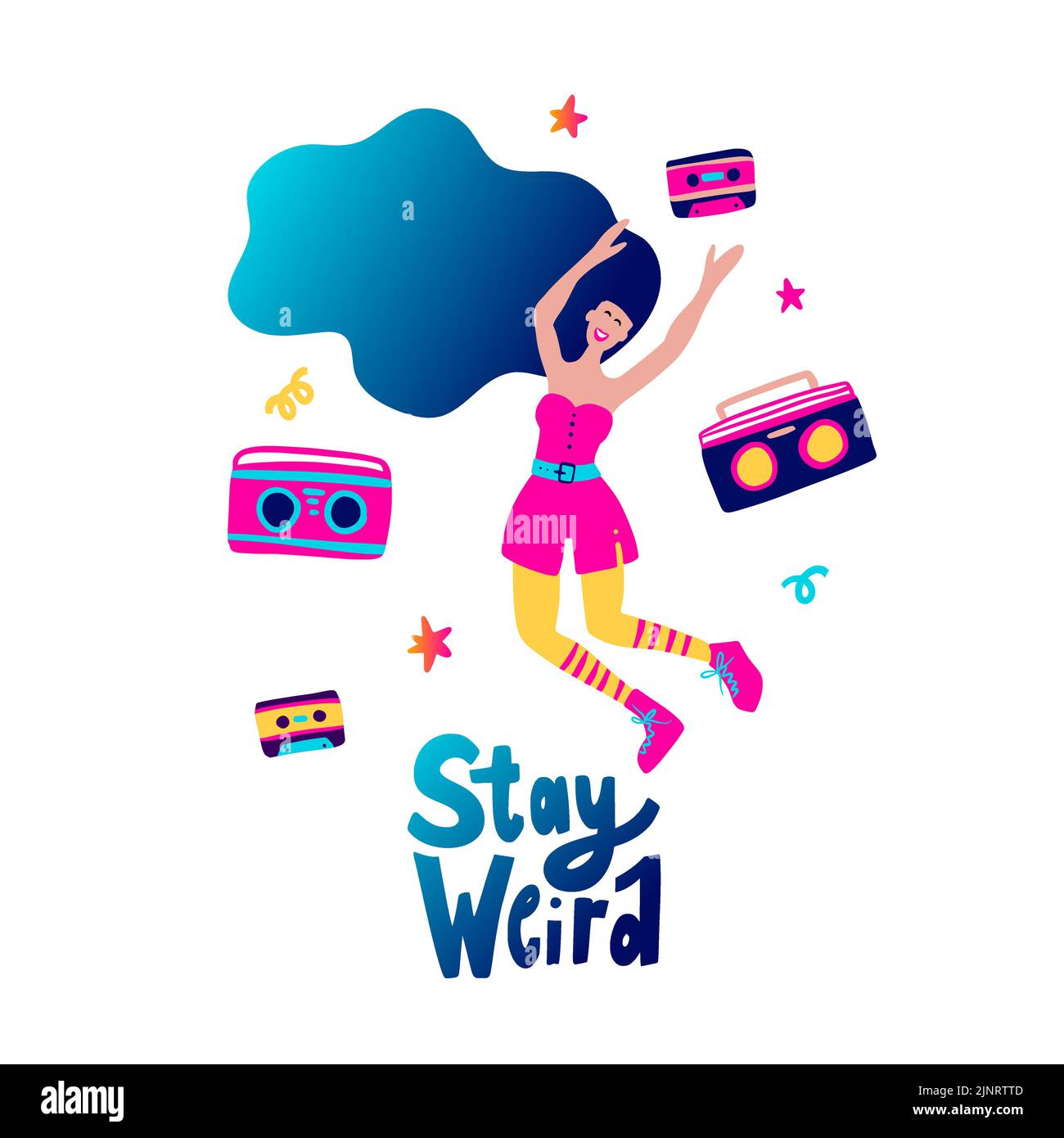 Disco party 70s 80s. Woman dance retro night boombox party poster. Stay Weird Club Fashion Stock Vector