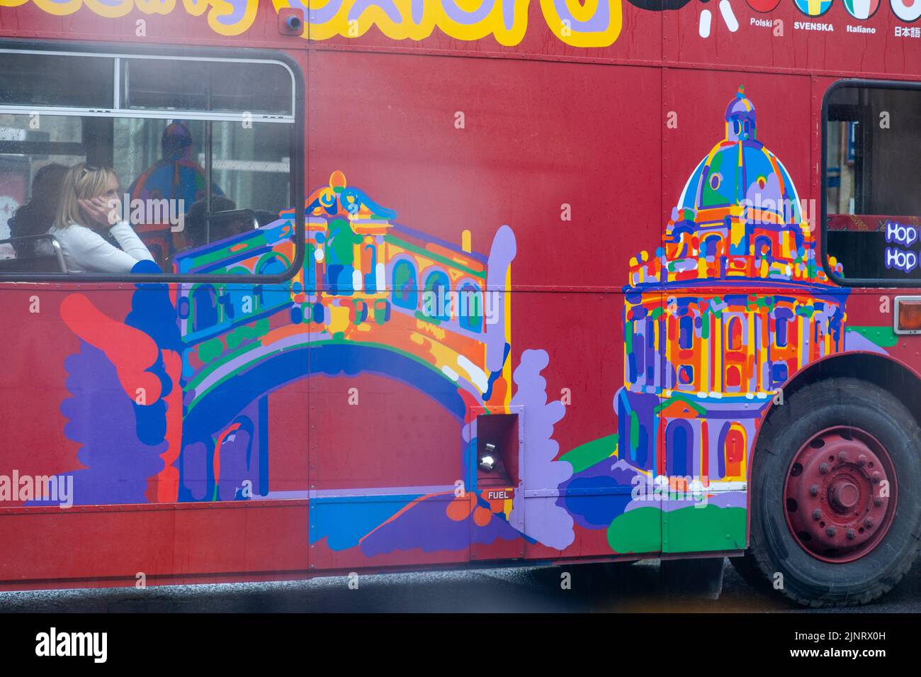 Oxford Sightseeing Bus - City Tours - 2009, a woman looks out the window Stock Photo