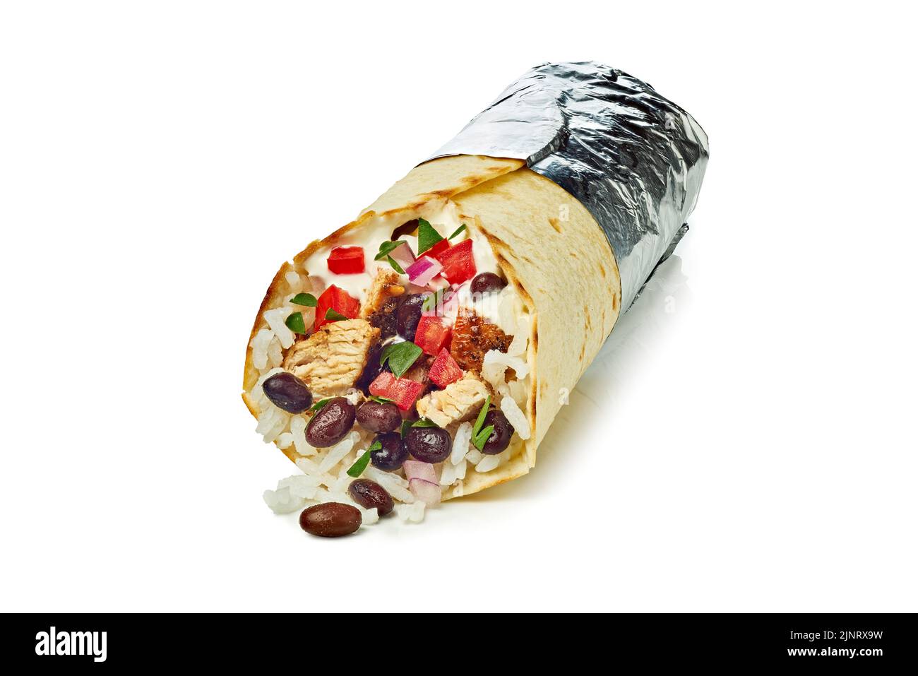 Chicken burrito with rice and black beans on white background Stock Photo