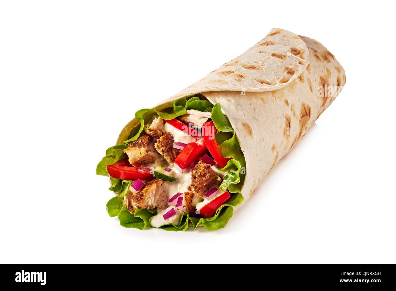 Chicken wrap with tomato cucumber and lettuce on white background Stock Photo