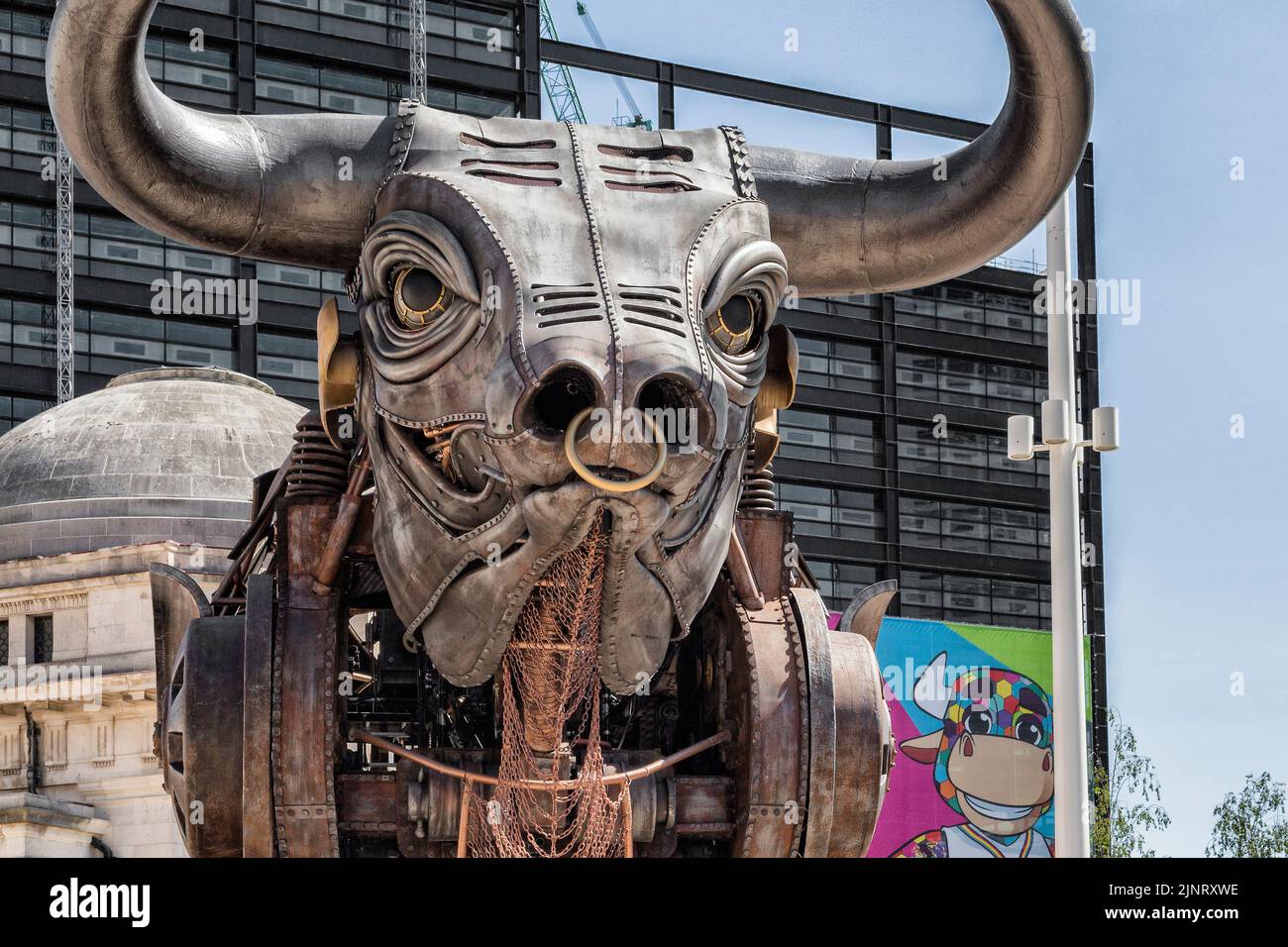 Detail of the 10 metre high raging bull from the 2022 Commonwealth Games opening ceremony, now a very popular tourist attraction in Birmingham. Stock Photo