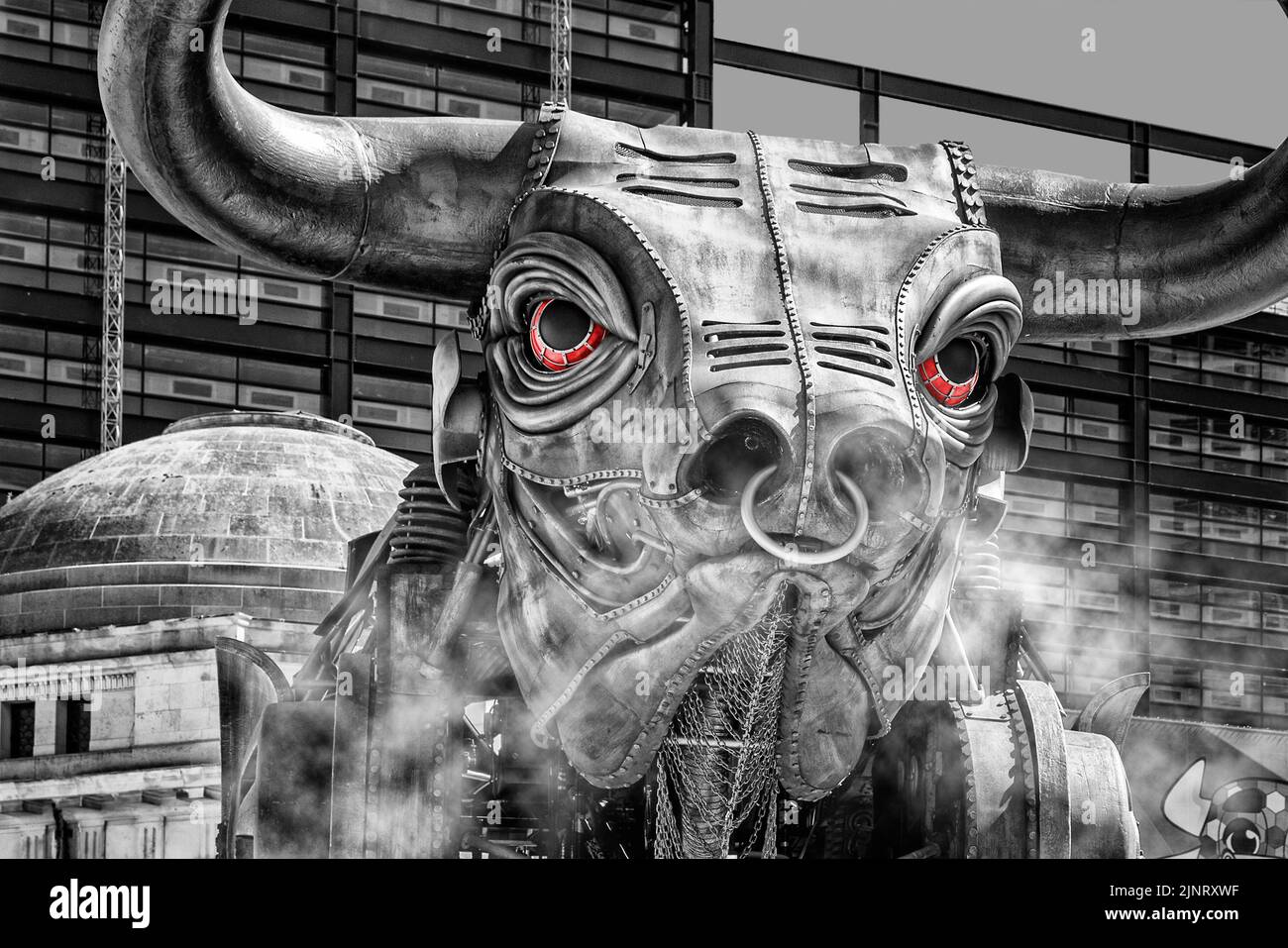 Detail of the 10 metre high raging bull from the 2022 Commonwealth Games opening ceremony, now a very popular tourist attraction in Birmingham. Stock Photo