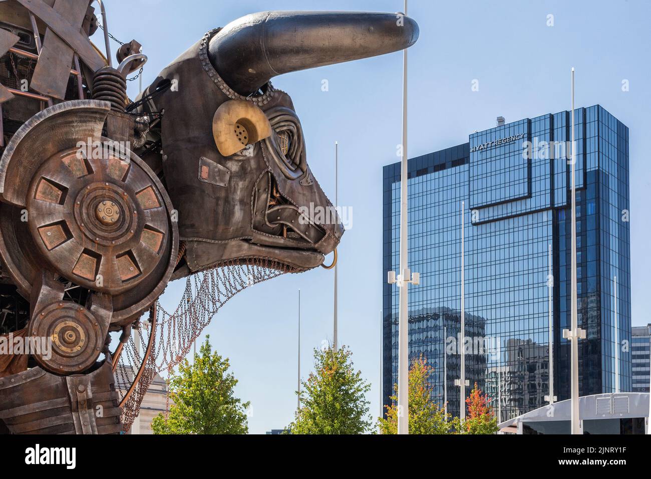 The iconic raging bull from the 2022 Commonwealth Games standing in Centenary Square and looking toward the Hyatt Regency Hotel Birmingham. Stock Photo