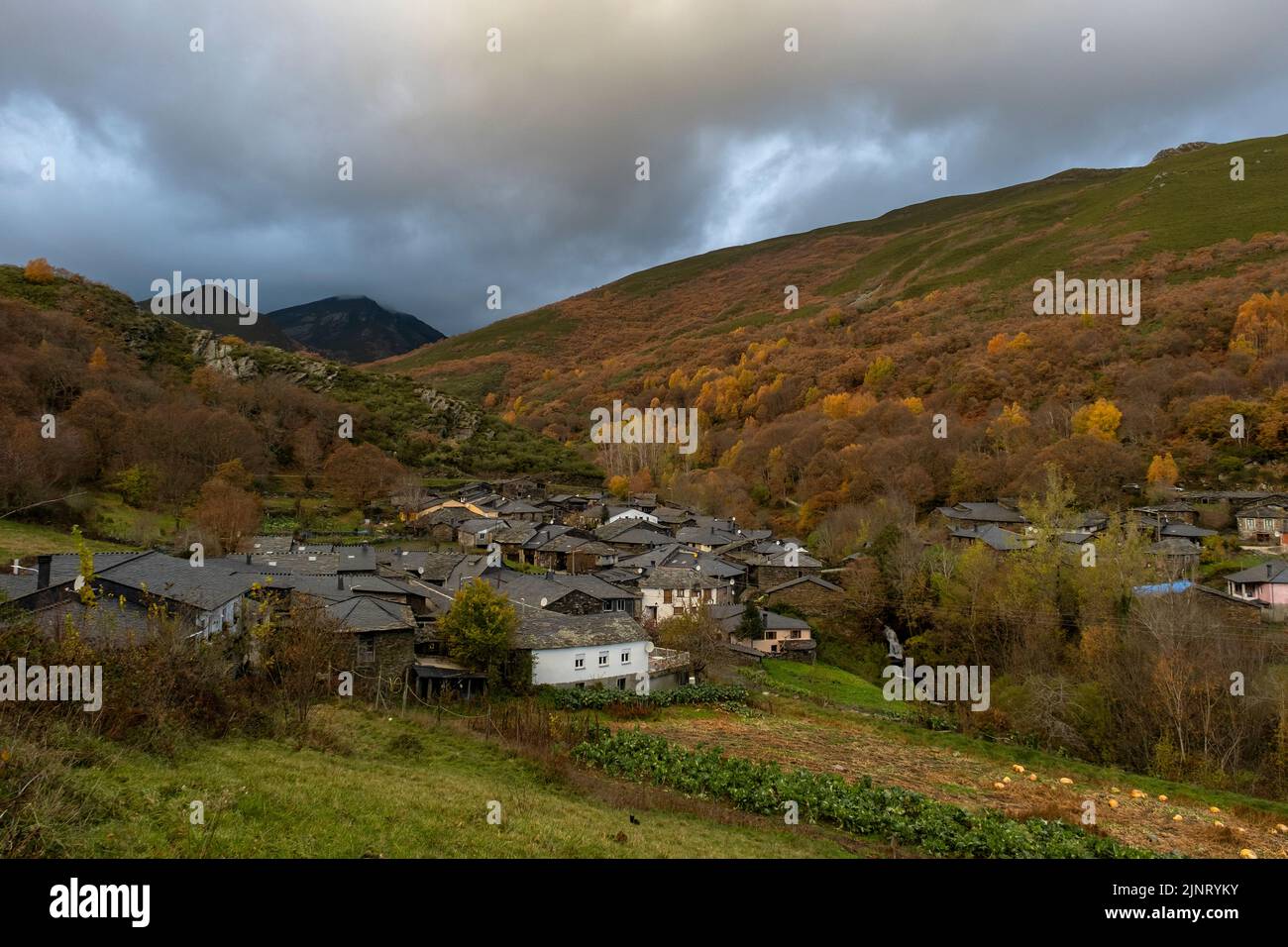Small village of A Seara in the mountains of Serra do Courel, Galicia, Spain. Autumnal landscape Stock Photo