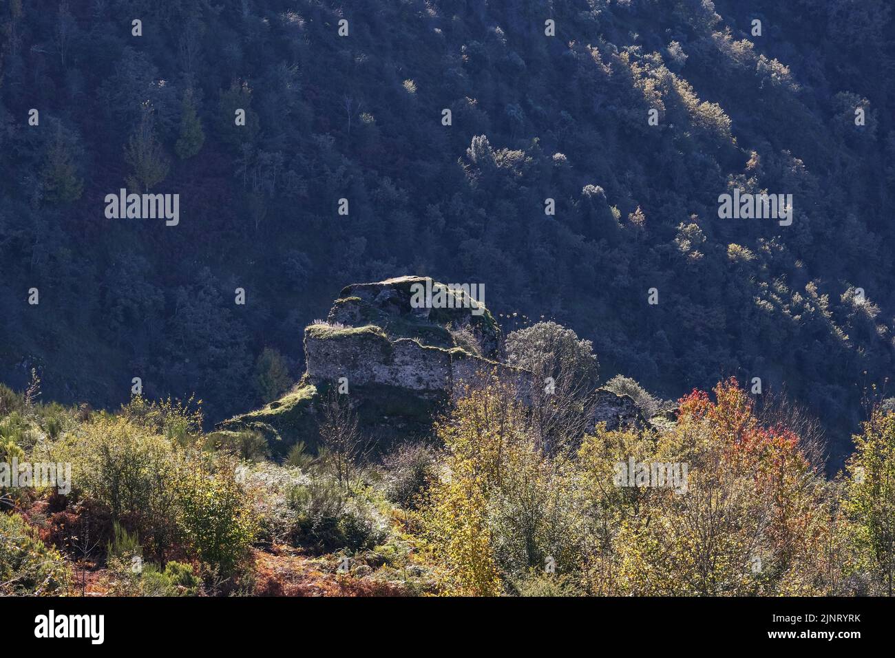 Medieval castle of Carbedo ruins in the mountains of Serra do Courel, Galicia, Spain Stock Photo