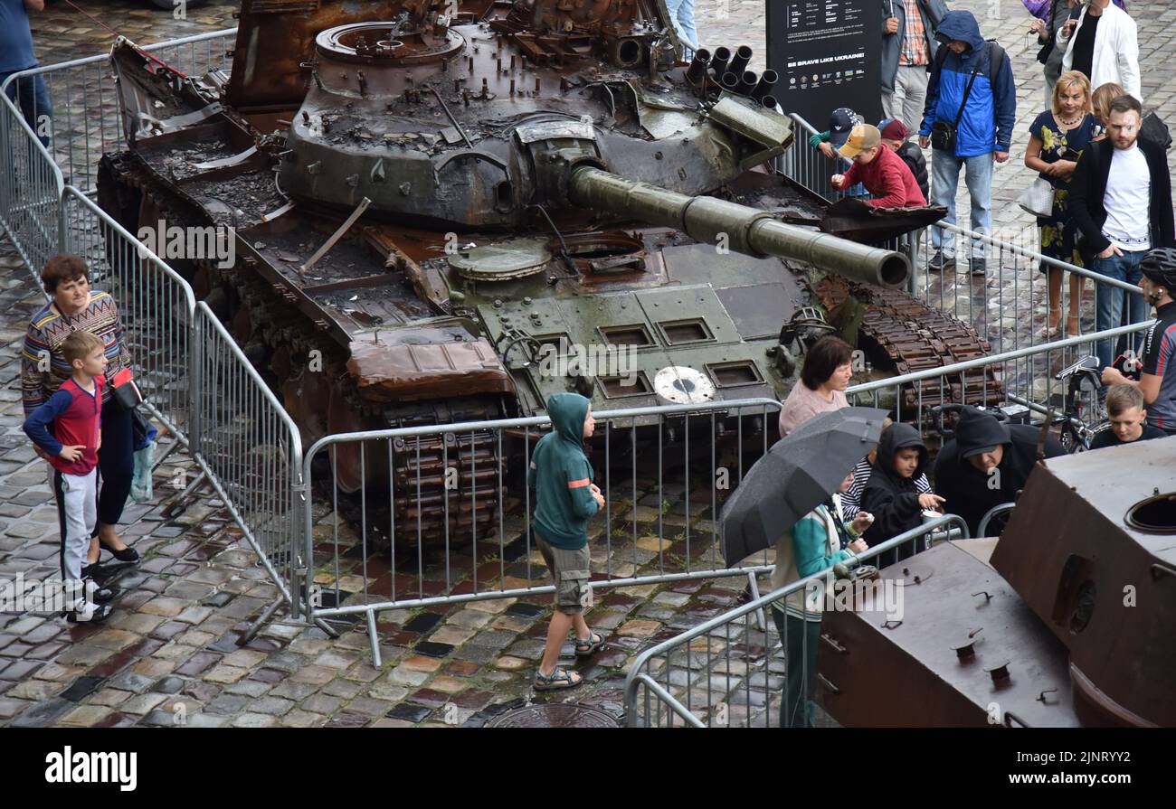 The Russian T-72 tank at the exhibition of destroyed Russian equipment in Lviv. Organised by the Ukrainian government, this exhibition will be in the centre of Lviv until the end of summer. Then it will be moved to the countries of North America. The idea is to expose the crimes that the Russian occupiers committed on Ukrainian territory. Stock Photo