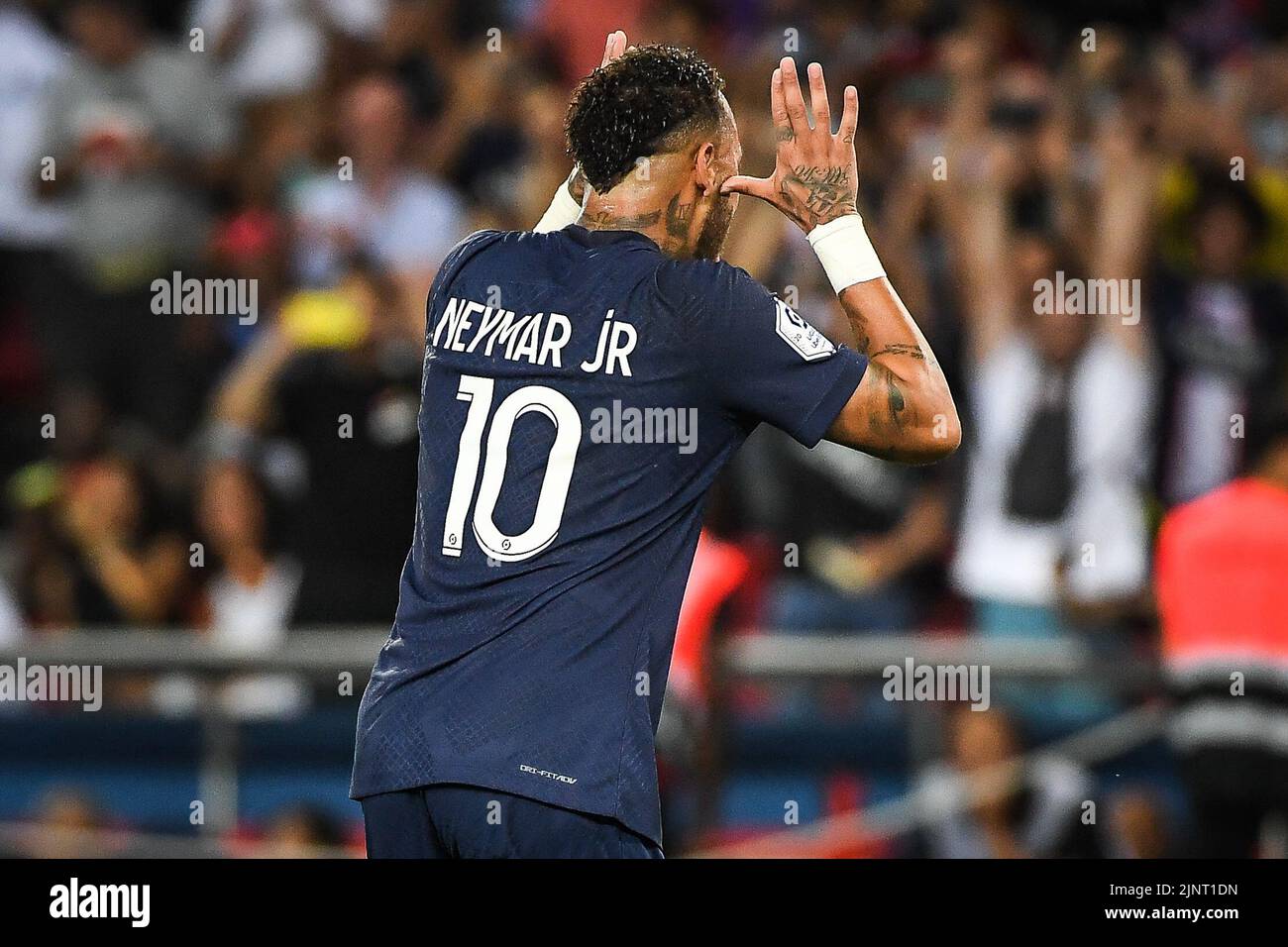 NEYMAR JR of PSG celebrates his goal during the French championship Ligue 1 football match between Paris Saint-Germain and Montpellier HSC on August 13, 2022 at Parc des Princes stadium in Paris, France - Photo Matthieu Mirville / DPPI Stock Photo