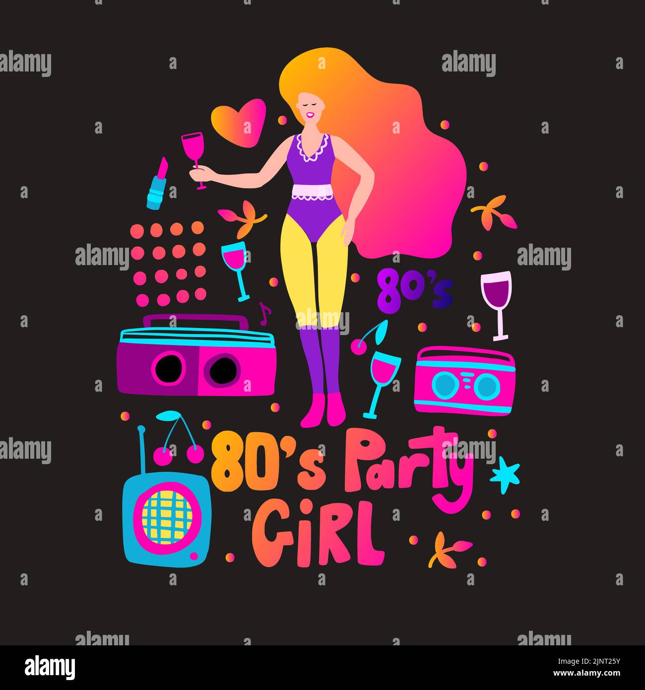 Disco party 70s 80s. Woman drink cocktail retro night party poster. Club boombox radio flyer Stock Vector