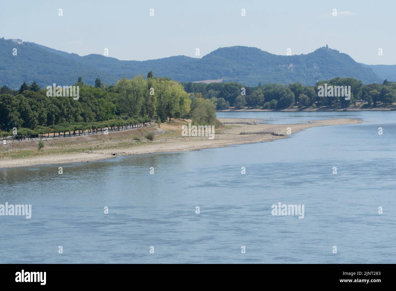 Bonn, Germany, 13 August 2022: The Rhine at Bonn is much lower than usual, exposing sandbars and stranding ferries normally used by commuters. The drought in Western Europe particularly threatens German freight, more of which travels by river than in other countries. Barges are having to travel with lighter loads to be able to navigate the shallow waters. Anna Watson/Alamy Live News Stock Photo