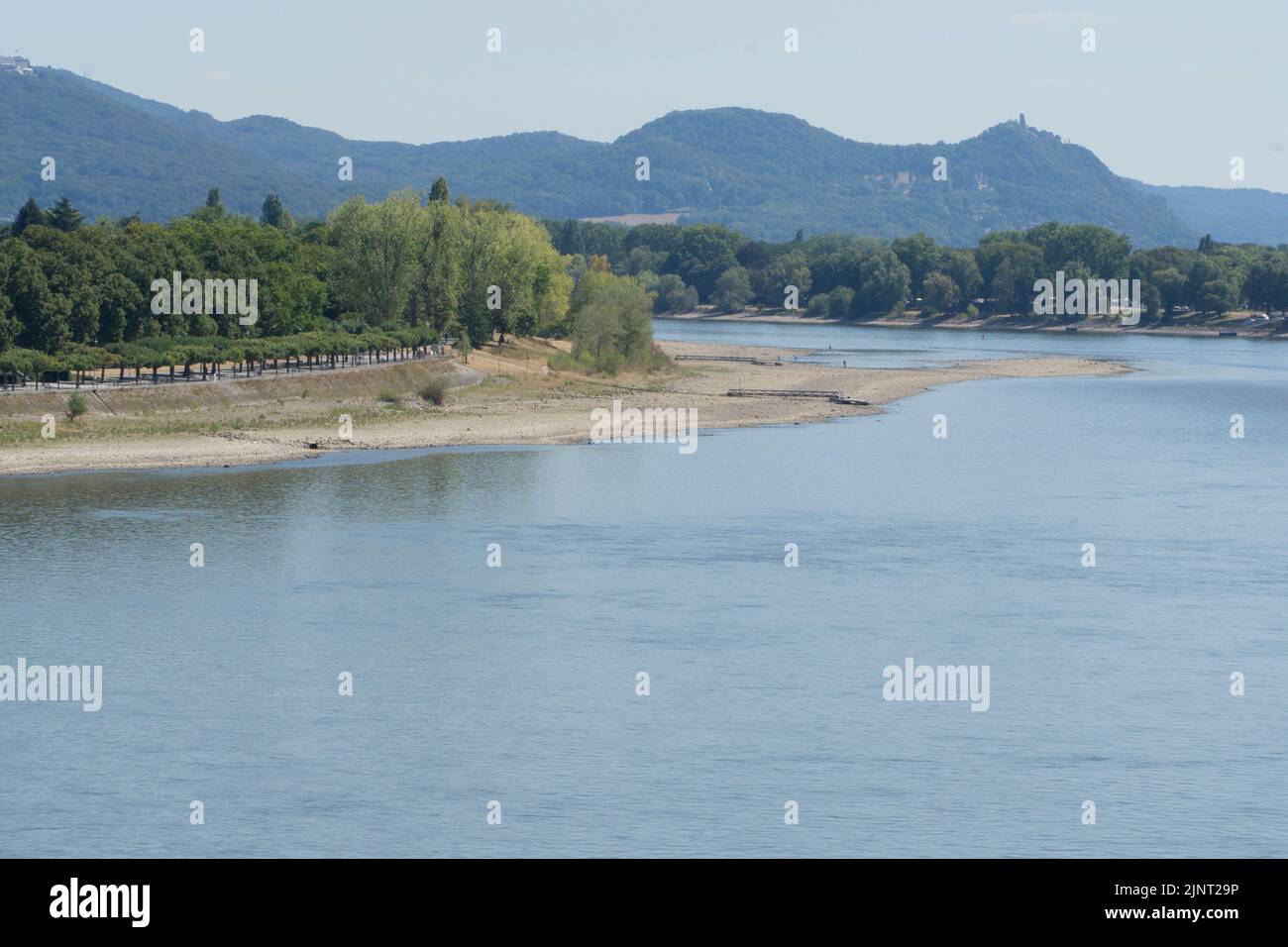 Bonn, Germany, 13 August 2022: The Rhine at Bonn is much lower than usual, exposing sandbars and stranding ferries normally used by commuters. The drought in Western Europe particularly threatens German freight, more of which travels by river than in other countries. Barges are having to travel with lighter loads to be able to navigate the shallow waters. Anna Watson/Alamy Live News Stock Photo