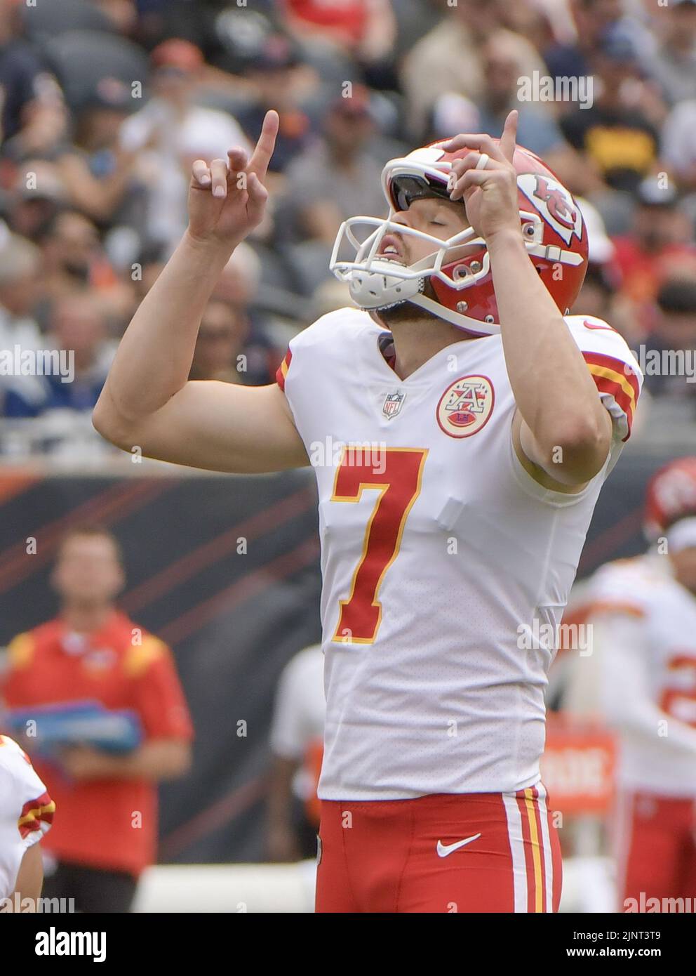 Chicago, United States. 13th Aug, 2022. Kansas City Chiefs place kicker Harrison Butker (7) celebrates kicking the extra point in the first quarter against the Chicago Bears during a preseason game at Soldier Field in Chicago on Saturday, August 13, 2022. Photo by Mark Black/UPI Credit: UPI/Alamy Live News Stock Photo