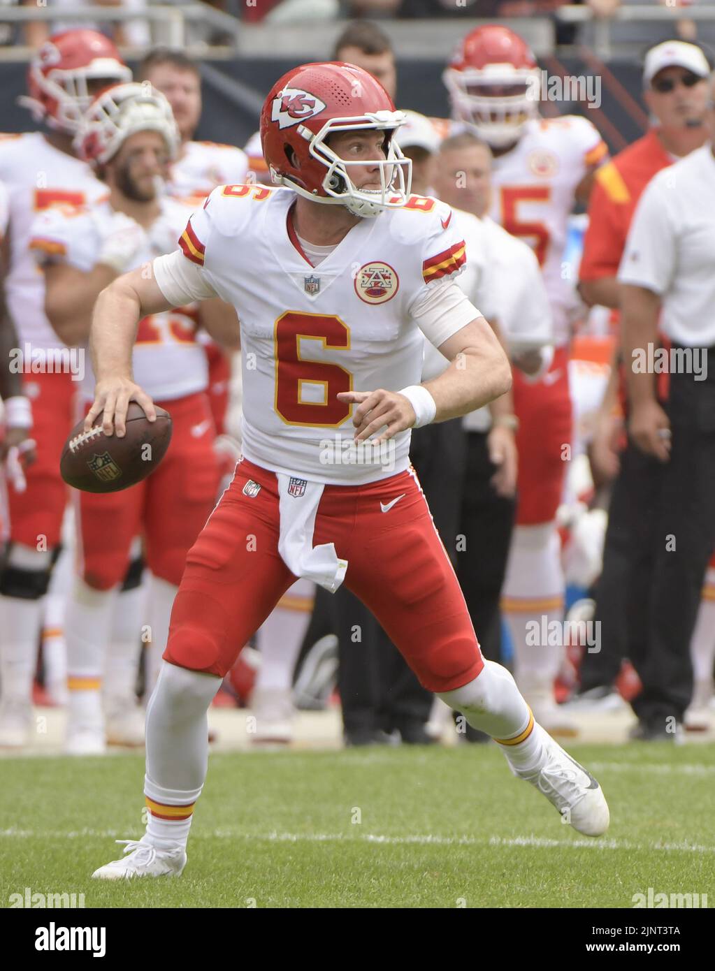 Chicago, United States. 13th Aug, 2022. Kansas City Chiefs quarterback Shane Buechele (6) looks for an open receiver during a preseason game against the Chicago Bears at Soldier Field in Chicago on Saturday, August 13, 2022. Photo by Mark Black/UPI Credit: UPI/Alamy Live News Stock Photo