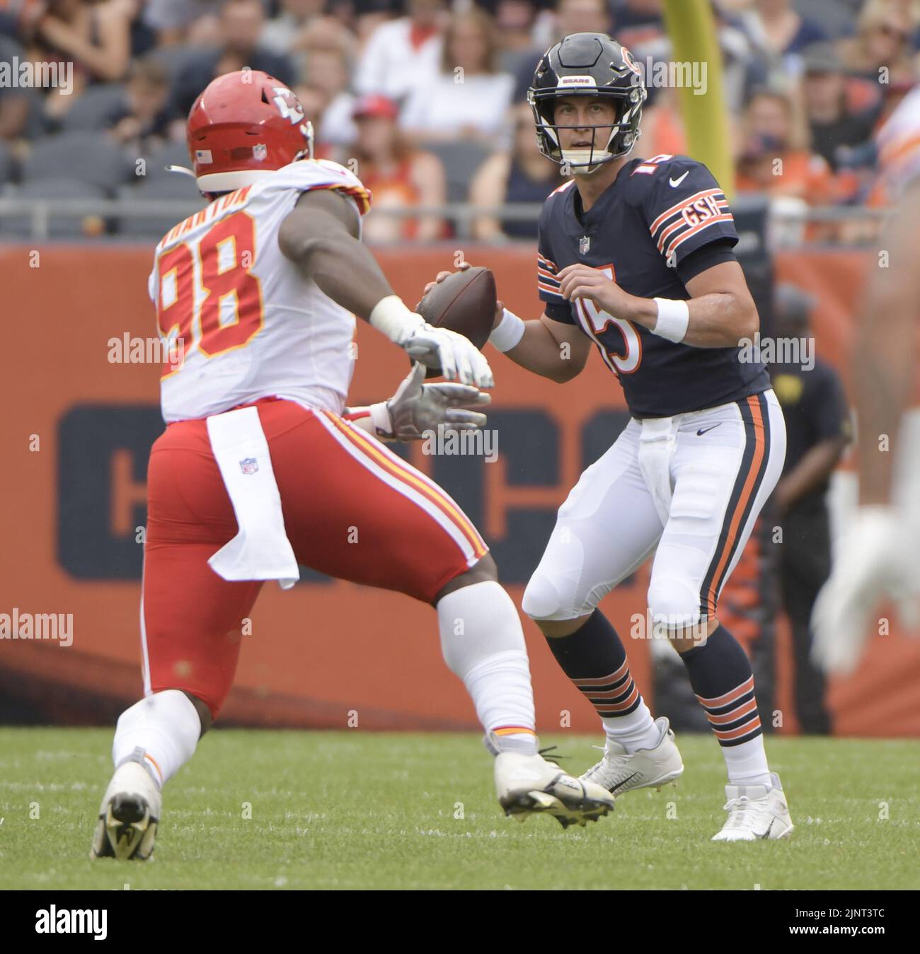 Chicago, United States. 13th Aug, 2022. Chicago Bears quarterback Trevor Siemian (15) looks for an open receiver during a preseason game against the Kansas City Chiefs at Soldier Field in Chicago on Saturday, August 13, 2022. Photo by Mark Black/UPI Credit: UPI/Alamy Live News Stock Photo
