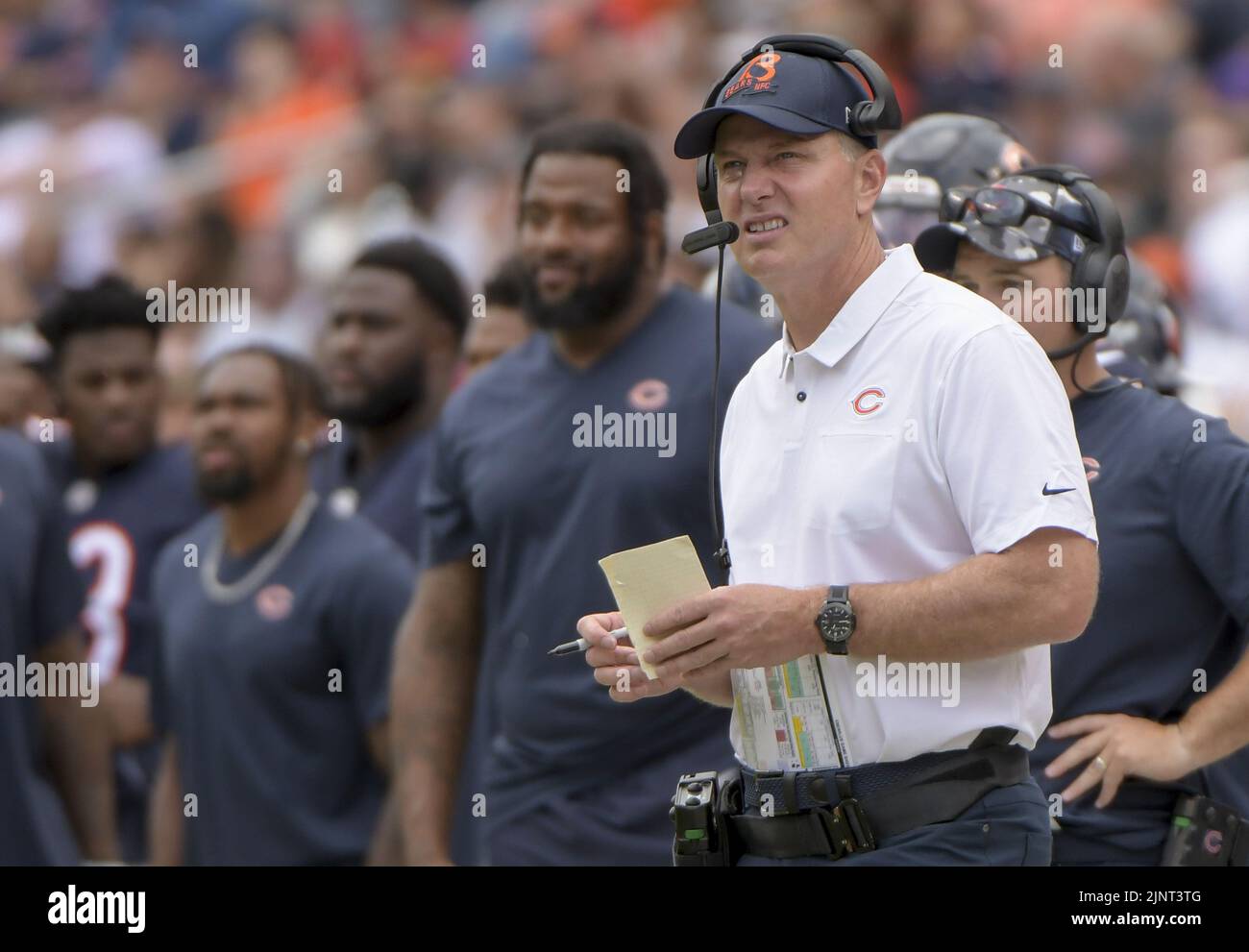Chicago, United States. 13th Aug, 2022. Matt Eberflus coaches his first game as the head coach of the Chicago Bears during a preseason game against the Kansas City Chiefs at Soldier Field in Chicago on Saturday, August 13, 2022. Photo by Mark Black/UPI Credit: UPI/Alamy Live News Stock Photo