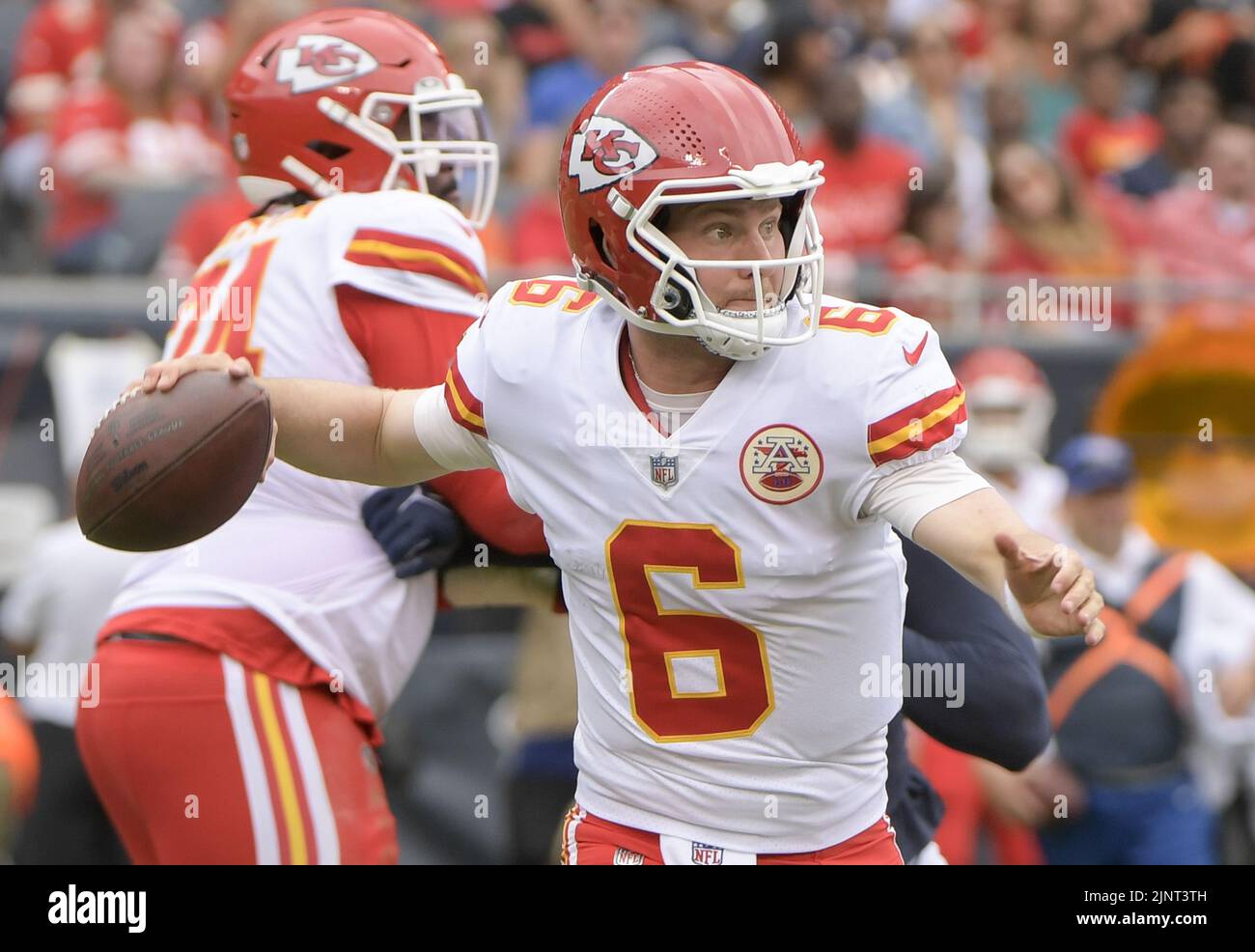 Chicago, United States. 13th Aug, 2022. Kansas City Chiefs quarterback Shane Buechele (6) looks for an open receivers during a preseason game against the Chicago Bears at Soldier Field in Chicago on Saturday, August 13, 2022. Photo by Mark Black/UPI Credit: UPI/Alamy Live News Stock Photo