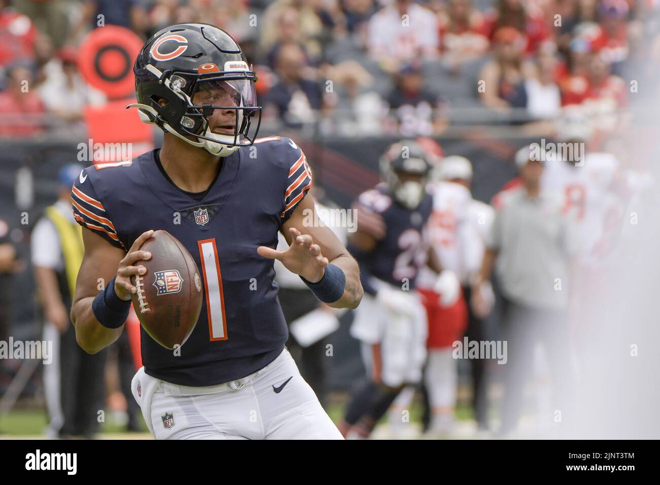 Chicago, United States. 13th Aug, 2022. Chicago Bears quarterback Justin Fields (1) sets back for the pass during at preseason game against the Kansas City Chiefs at Soldier Field in Chicago on Saturday, August 13, 2022. Photo by Mark Black/UPI Credit: UPI/Alamy Live News Stock Photo