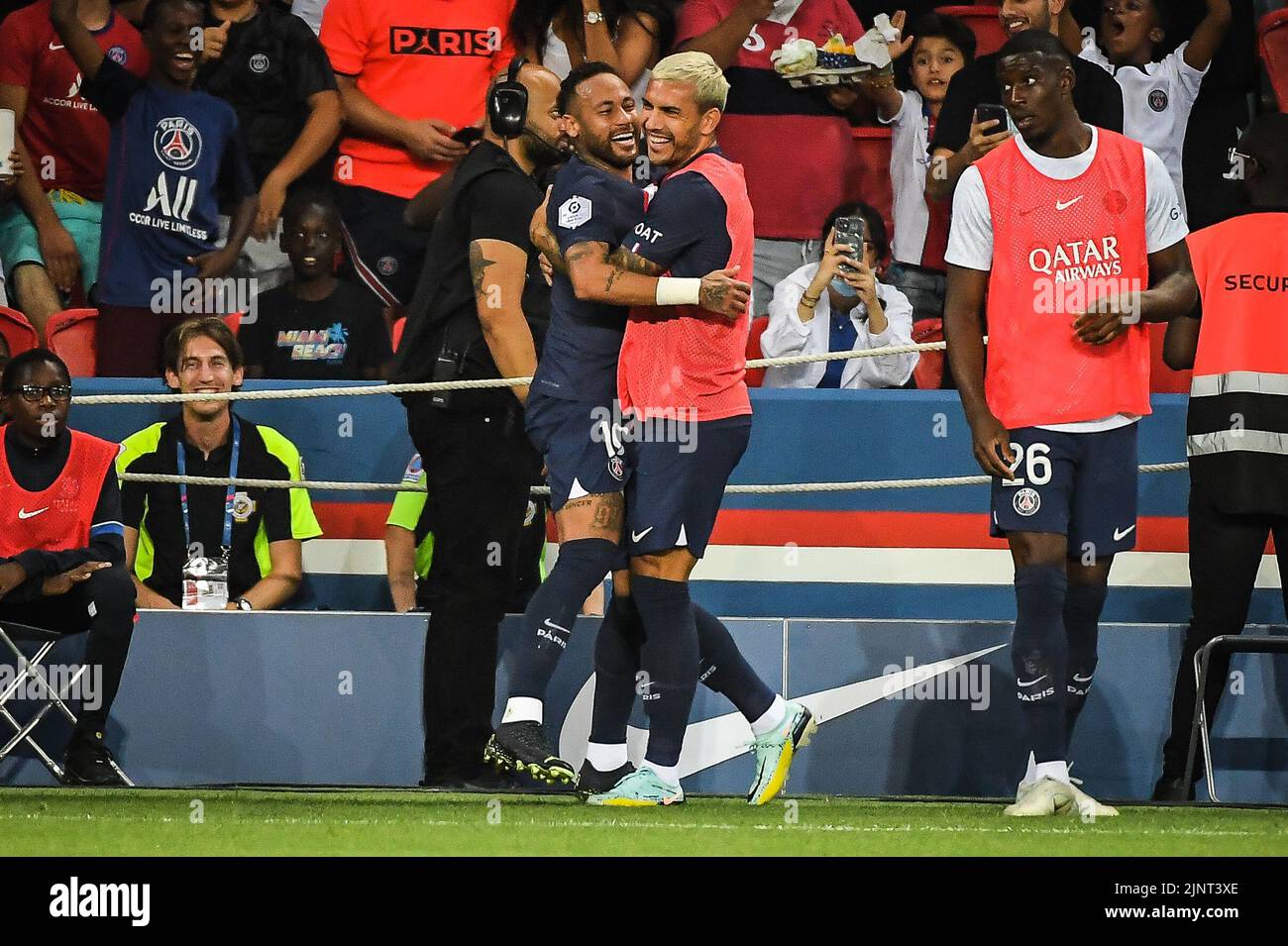 NEYMAR JR of PSG celebrate his goal with Leandro PAREDES of PSG during the French championship Ligue 1 football match between Paris Saint-Germain and Montpellier HSC on August 13, 2022 at Parc des Princes stadium in Paris, France - Photo Matthieu Mirville / DPPI Stock Photo