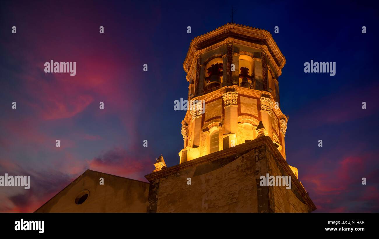 Bell tower at sunset of the Parroquia Santa Mara Magdalena de Cehegn, Region of Murcia, Spain Stock Photo