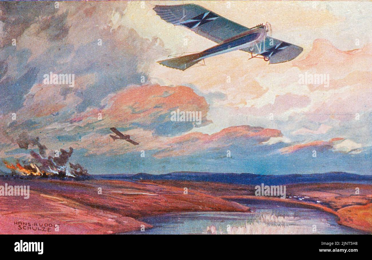 Coloured postcard of german aircraft during World War first by Hans Rudolf Schulze (1915) Stock Photo