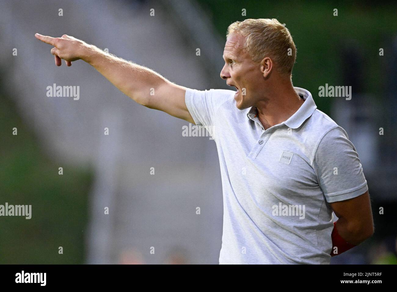 Union's head coach Karel Geraerts pictured during a soccer match between RUSG Royale Union Saint-Gilloise and KV Kortrijk, Saturday 13 August 2022 in Forest-Vorst, Brussels, on day 4 of the 2022-2023 'Jupiler Pro League' first division of the Belgian championship. BELGA PHOTO LAURIE DIEFFEMBACQ Stock Photo