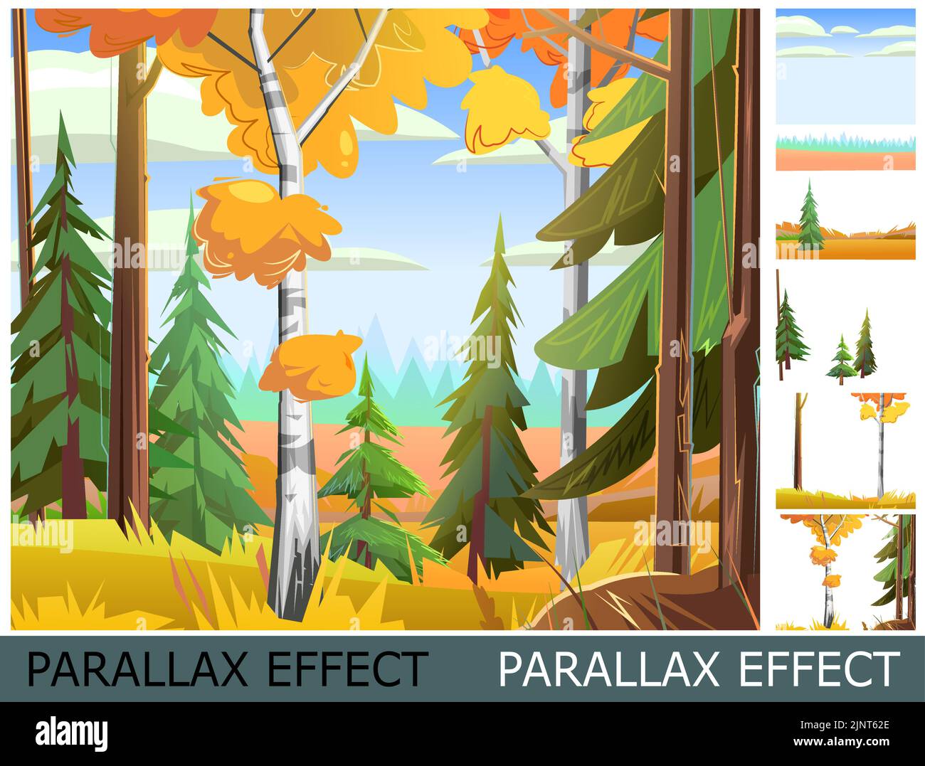 Glade with birches and pines. Autumn landscape. Image from layers for overlay with parallax effect. Beautiful bright rural scene with orange and Stock Vector