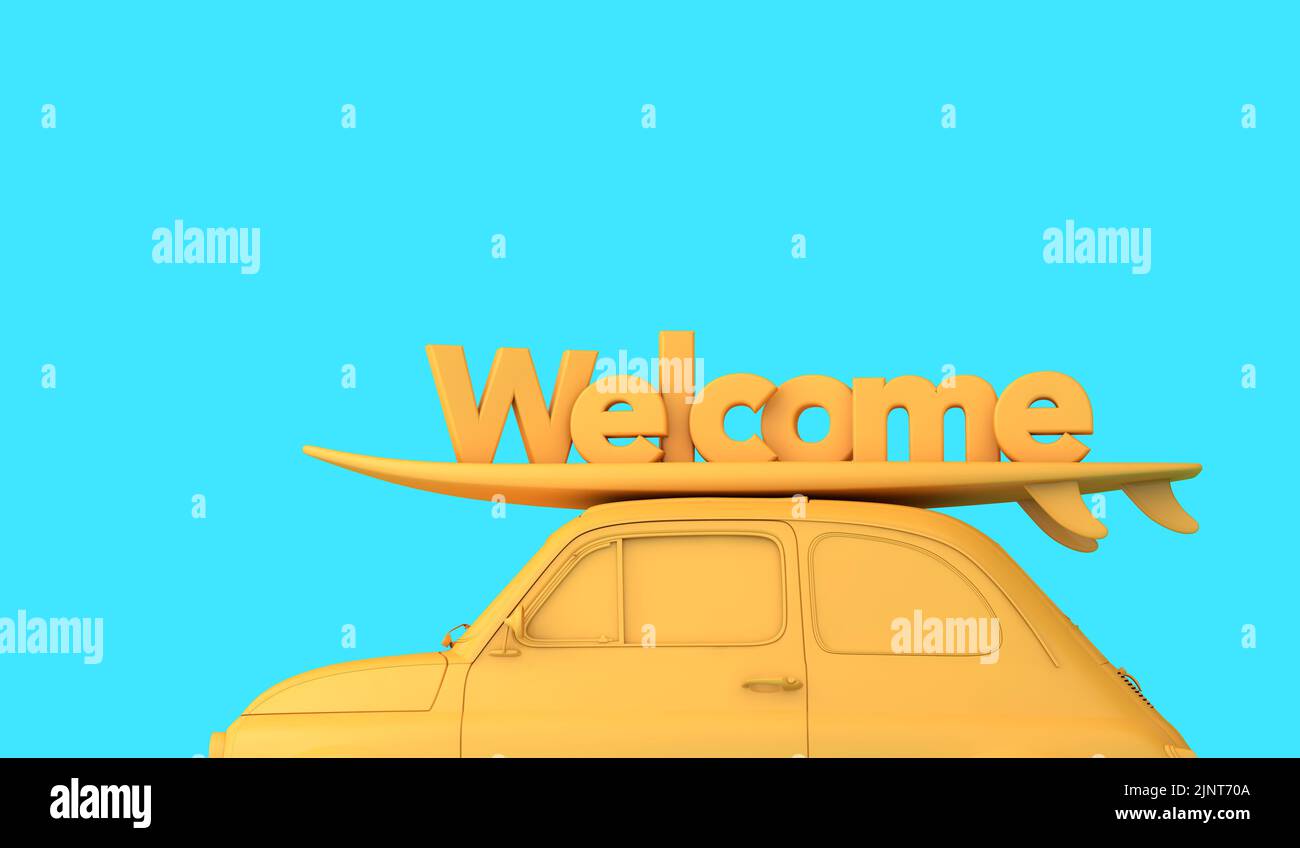 Vintage retro car with a surfboard on the roof and the word Welcome. Road trip vacation background. 3D Rendering Stock Photo
