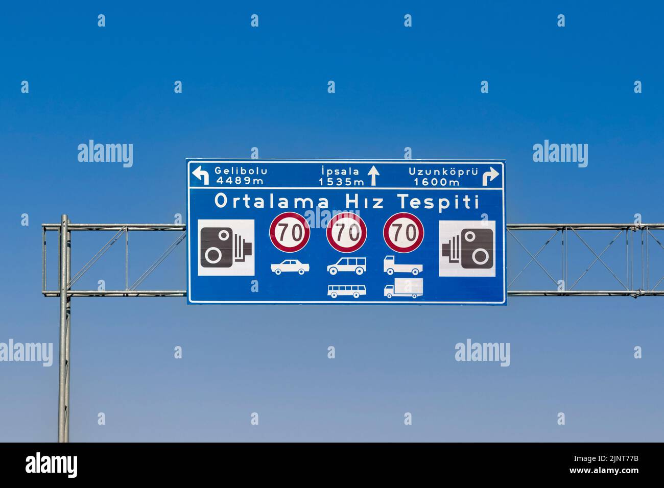 Road sign warns about 'average speed detection zone' and speed limits of different type of vehicles in Turkish. Stock Photo